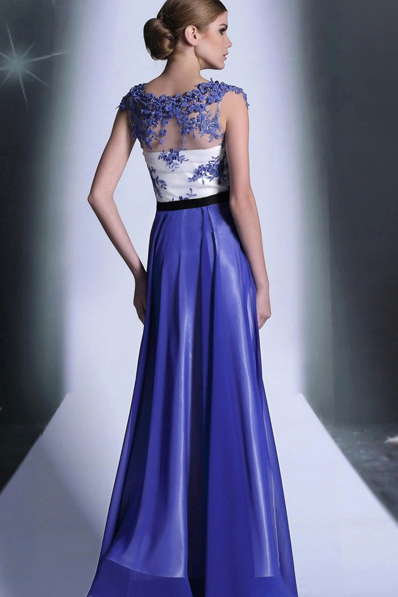 O Neck Cap Sleeve Lace Applique Beaded Maxi Grown Dress