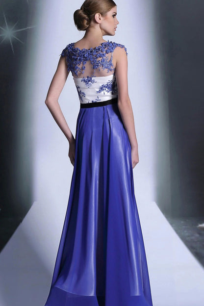O Neck Cap Sleeve Lace Applique Beaded Maxi Grown Dress
