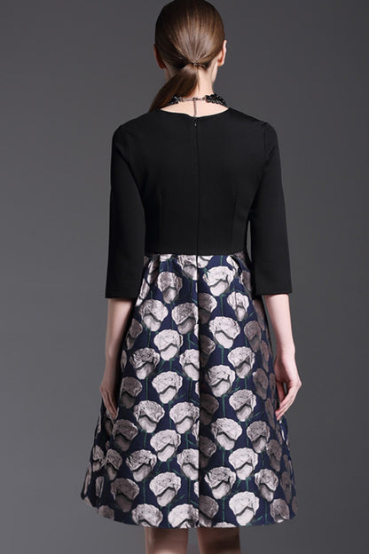 Round Collar Jacquard Full Flare Dress