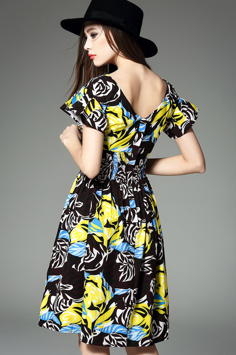 [30% OFF TILL 8 APR] V-Neck Flare Cap Sleeve Tiered Smoking Waist Band Floral Short Casual Dress