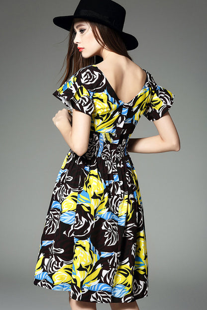 [30% OFF TILL 8 APR] V-Neck Flare Cap Sleeve Tiered Smoking Waist Band Floral Short Casual Dress
