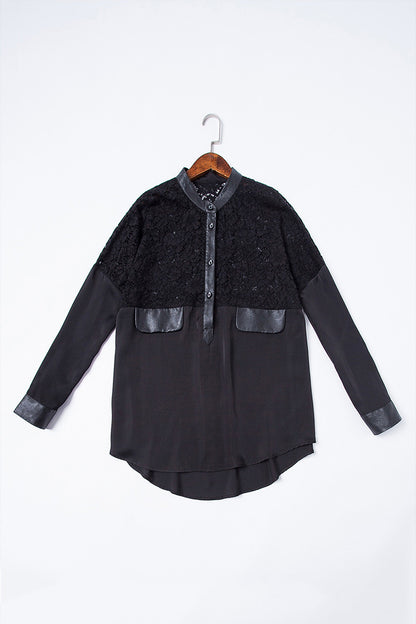 Women's Loose Sexy Shirt Long Sleeve Stand Collar Lace Shirt