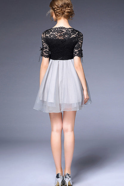 LACE BOAT NECK COCKTAIL A-LINE DRESS CHIFFON FLARE DRESS WITH BOW