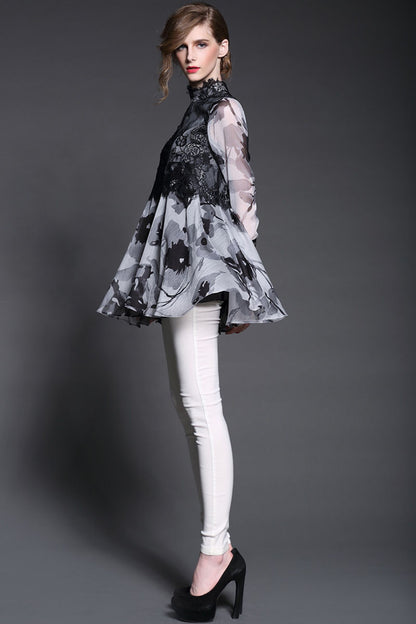 Gray Floral Printing Long Shirts With Lace Layer - NJOYDRESS - 3