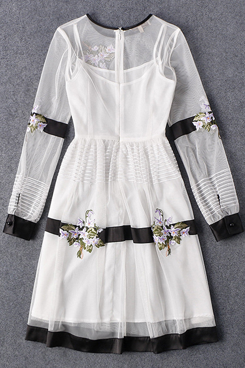 VINTAGE FLOWER EMBROIDERY ROUND NECK CHIFFON CASUAL DRESS
