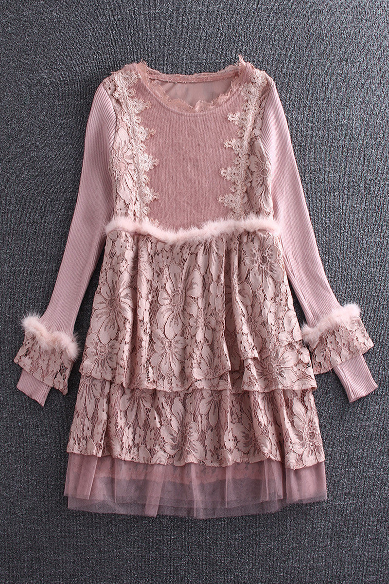 Lace With Fur Cake Dress - NJOYDRESS - 1