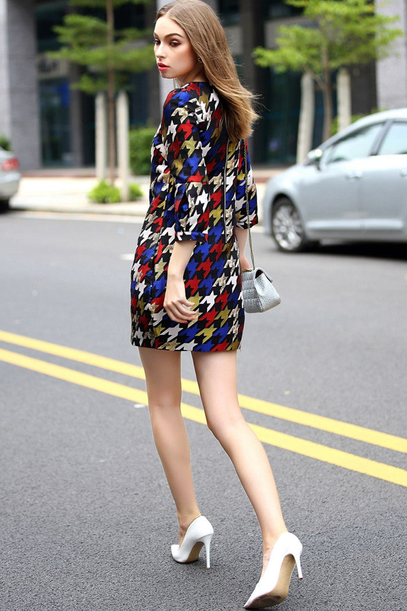 WOMEN'S SLIM ROUND NECK PRINT AND FLORAL 3/4 SLEEVE VOCATION SHORT DRESS