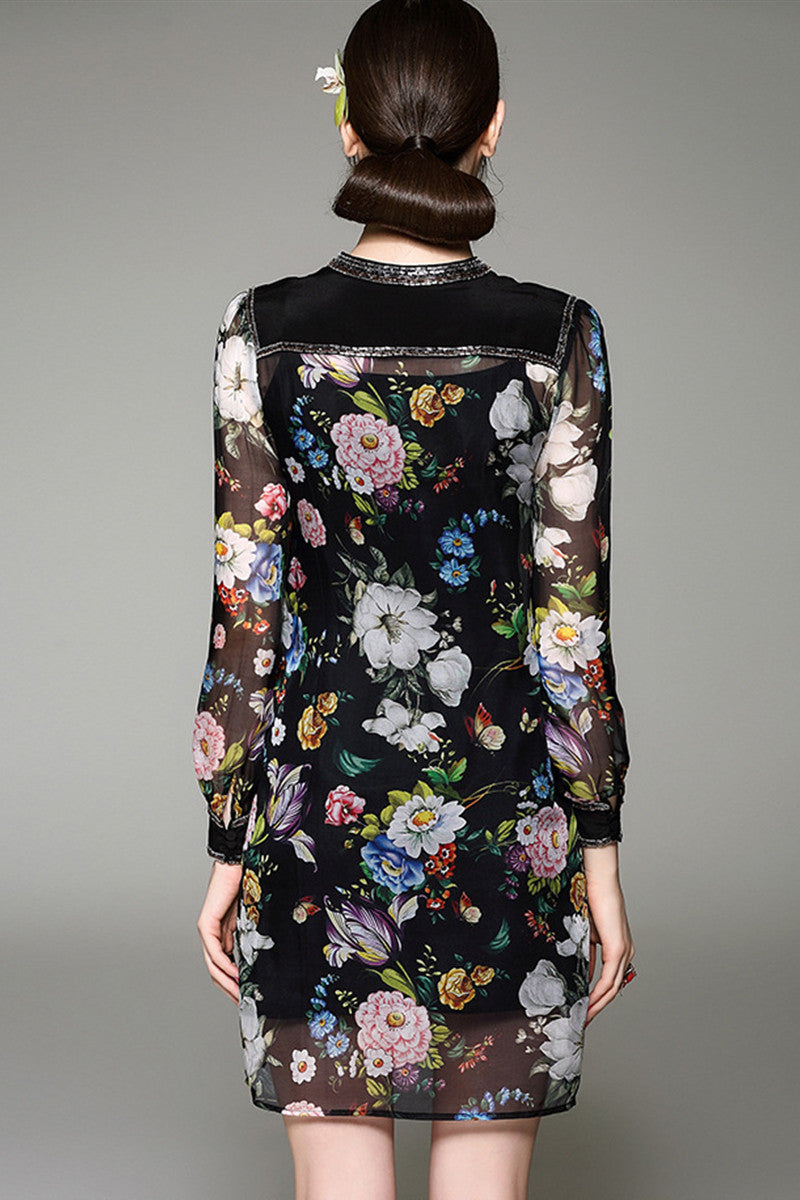 Beaded Rond Collar Drop Hole Full Floral Print Dress