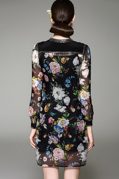 Beaded Rond Collar Drop Hole Full Floral Print Dress