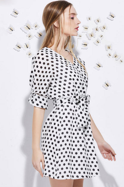 Casual Loose Dot Pattern V Neck Vacation Dress With Belt