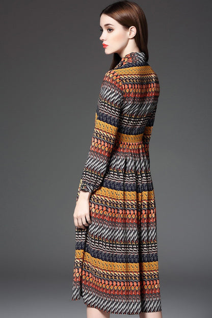 Bowknot Lacing Neck Pope Printing Swing Midi Dress