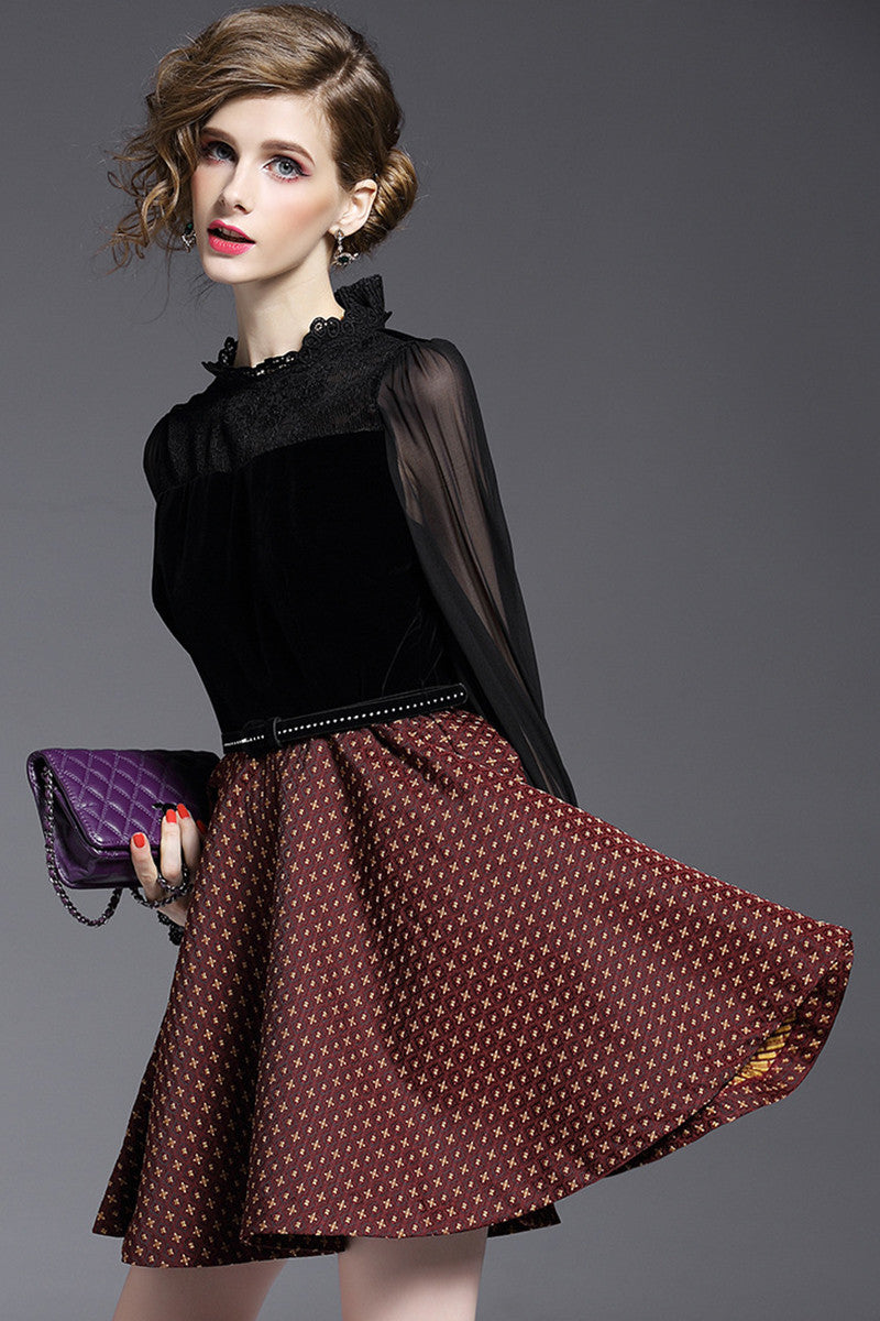 Lace Neck See Through Chiffon Sleeve Swing Dress With Belt - NJOYDRESS - 2