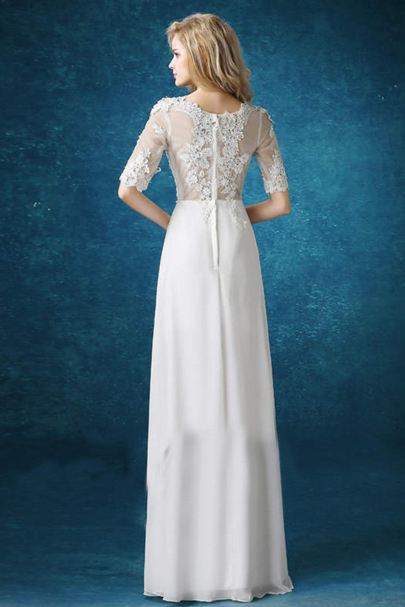Round Collar Beaded Lace Applique Mid Sleeve Runched Gown Dress