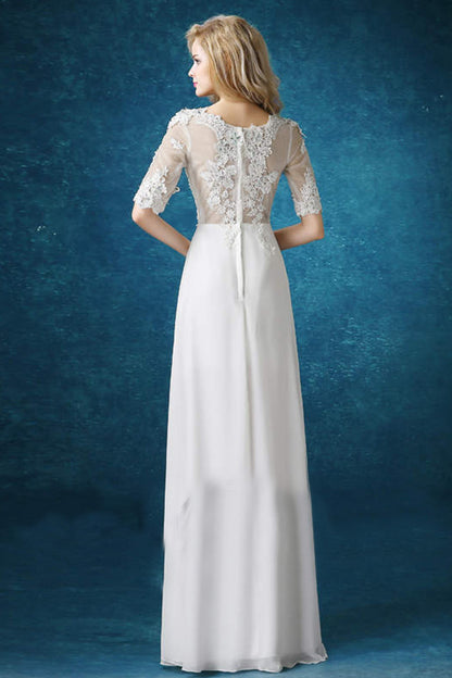 Round Collar Beaded Lace Applique Mid Sleeve Runched Gown Dress