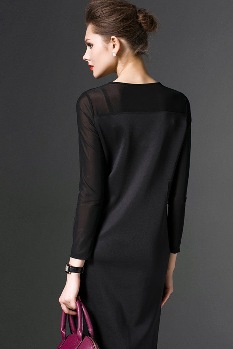 Round Collar 3/4 Sleeve Sheer Mesh Patch Irregular Side Slit  Dress