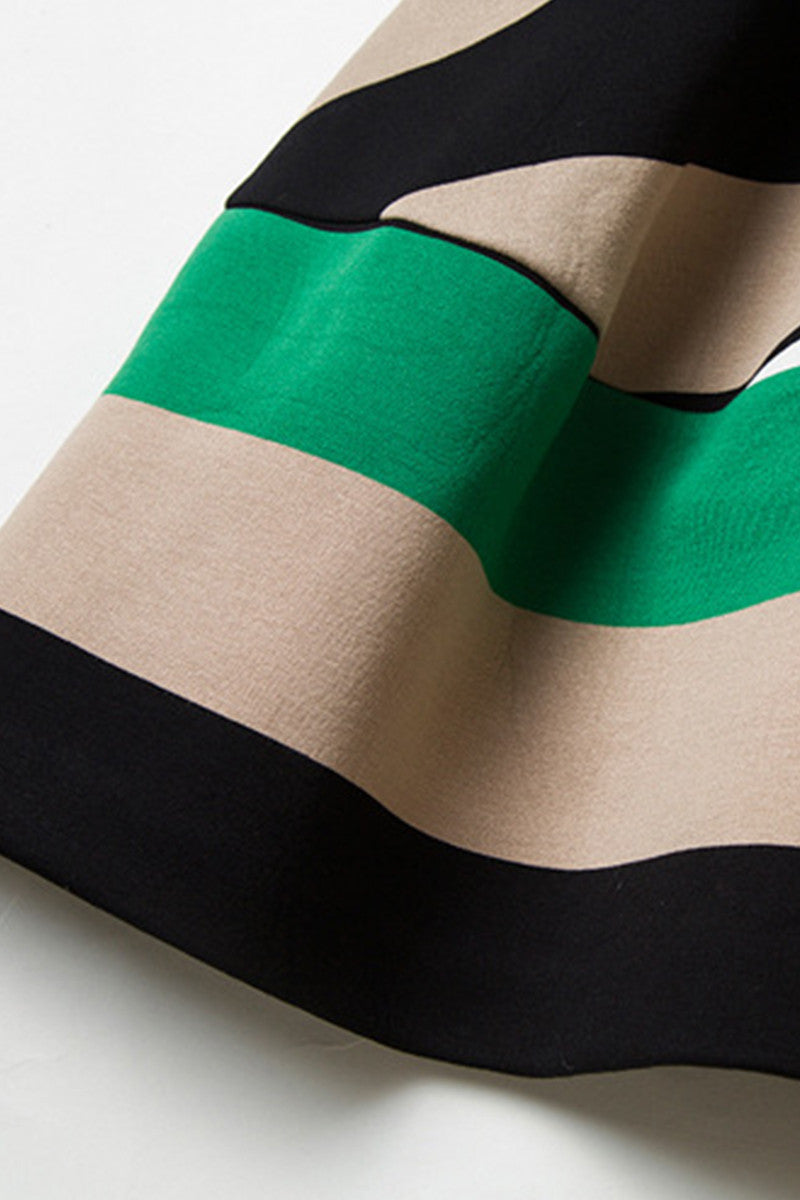 Round Collar Color Block Stripe Full Dress