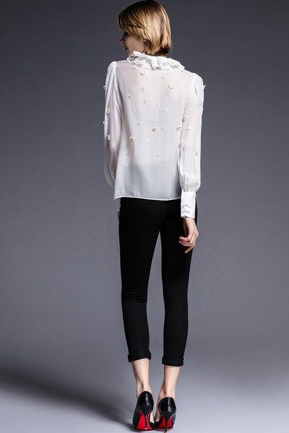 Flare High Collar Flowers Embroidered Lattern Sleeve Chiffon Blouse