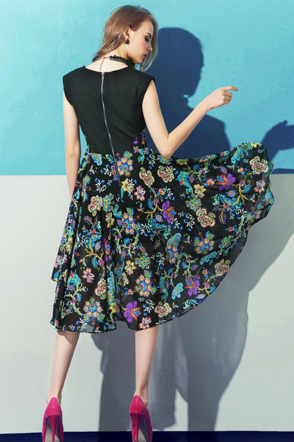 Lace-Paneled Wide Bottom Floral Casual Dress