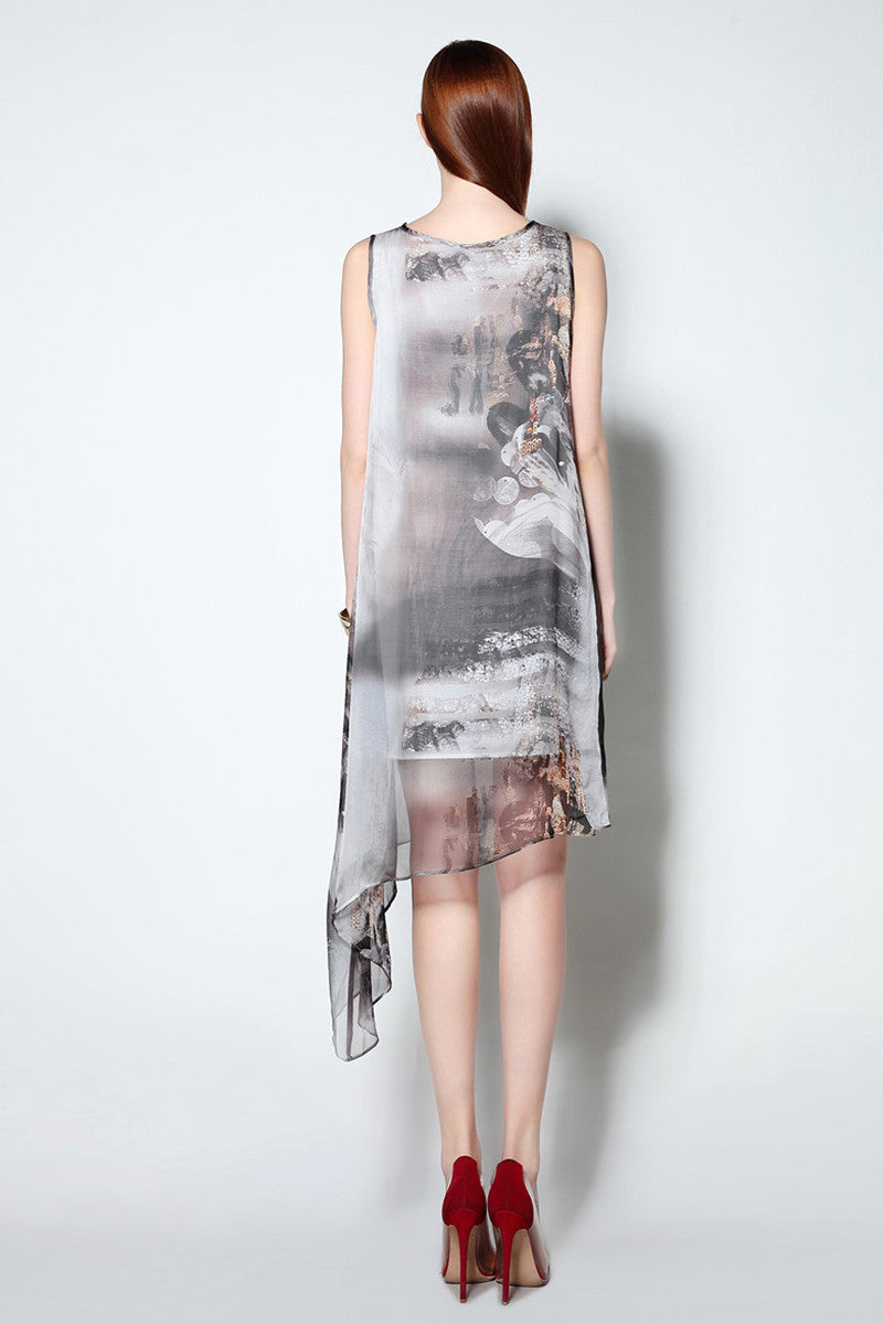 Round Collar Ink Printed Pattern Irregular Beach Vacation Dress