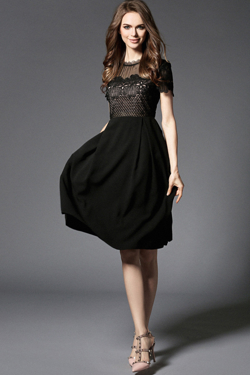LACE ROUND NECK SHORT SLEEVE MESH COCKTAIL MIDI DRESS