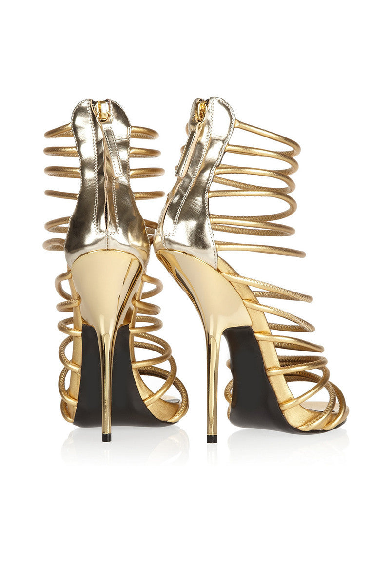 Open Toe Gold Strappy Zip Caged Heels
