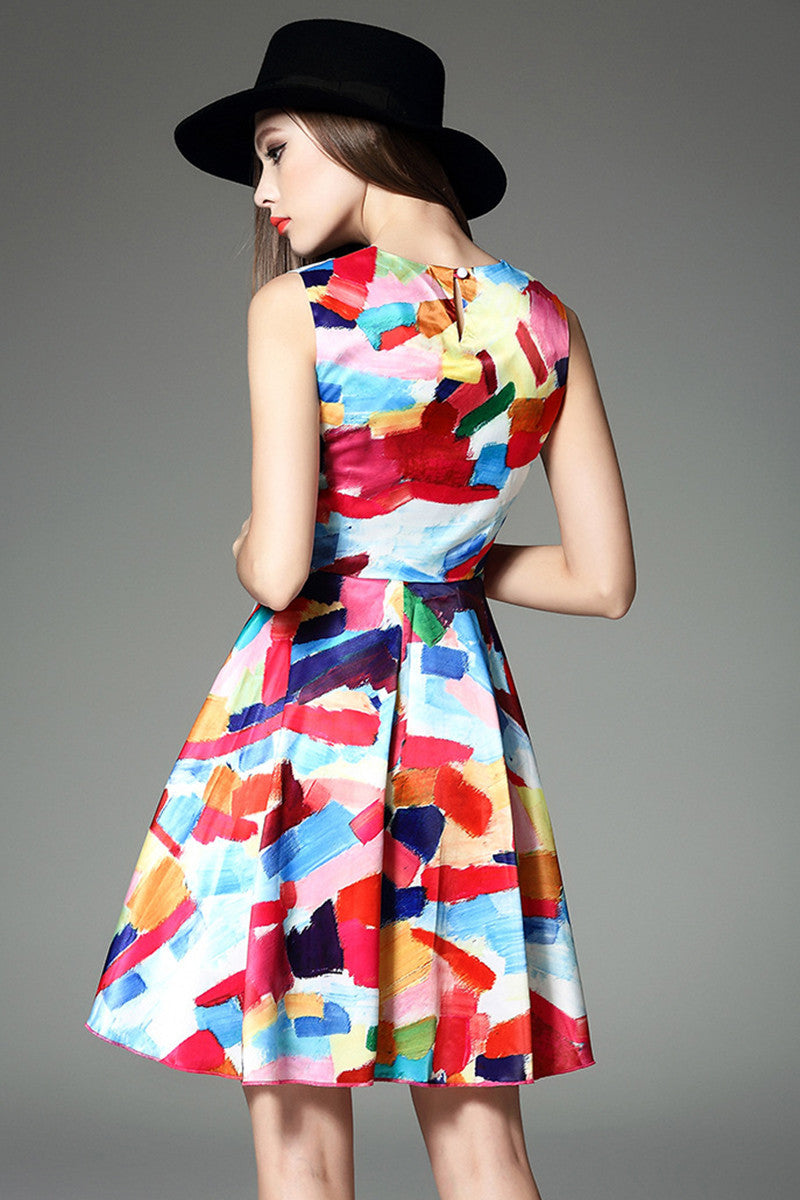 [30% OFF TILL 8 APR] Sleeveless Multi Scrawl Fit-and-Flare Cocktail Dress