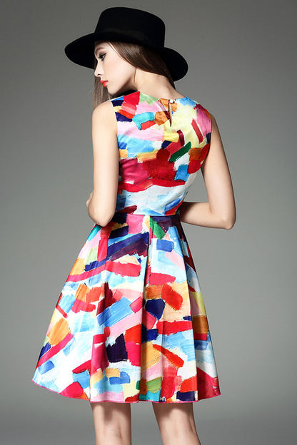 [30% OFF TILL 8 APR] Sleeveless Multi Scrawl Fit-and-Flare Cocktail Dress