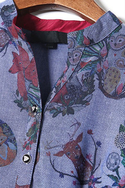 Stand Collar Animals Pattern Slim  Swing Dress With Belt