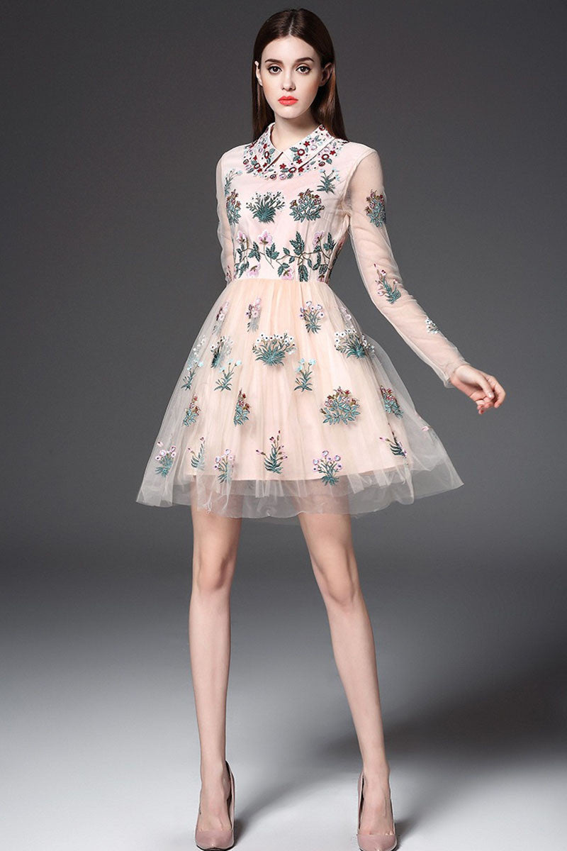 Lapel Neck Embroidered Flowers Sheer Mesh Dress