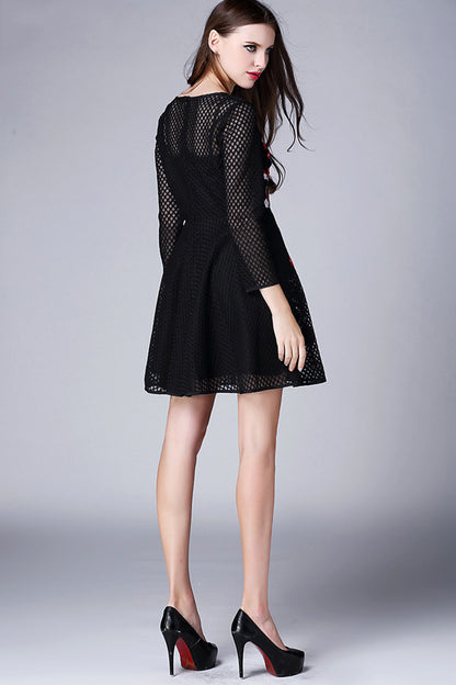 Women's 3/4 Sleeve Boat Neck Dress Long Sleeve Rose Printing Embroidery Dress - NJOYDRESS - 3