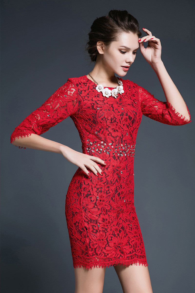 3/4 Sleeve Full Lace Slim Dress - NJOYDRESS - 2