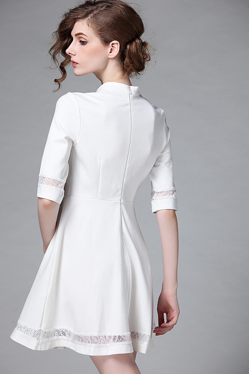 WOMEN'S LACE ROUND NECK CASUAL GRACE HALF SLEEVE SHORT DRESS