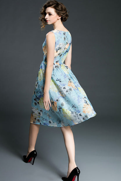 CASUAL SLEEVELESS ROUND NECK VACATION FLOWER PRINTING MIDI DRESS