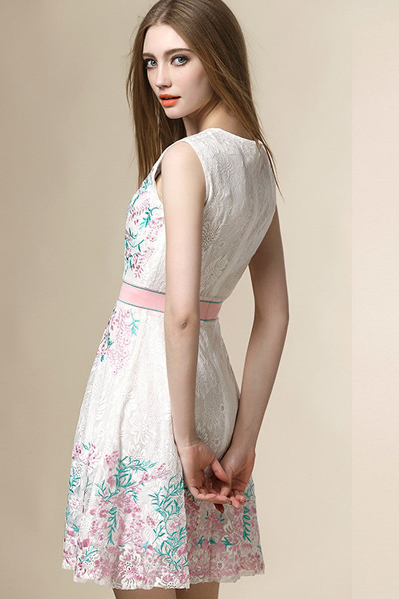 Round Collar Floral Embroidery Print  Lace Patch Slim Chiffon Dress