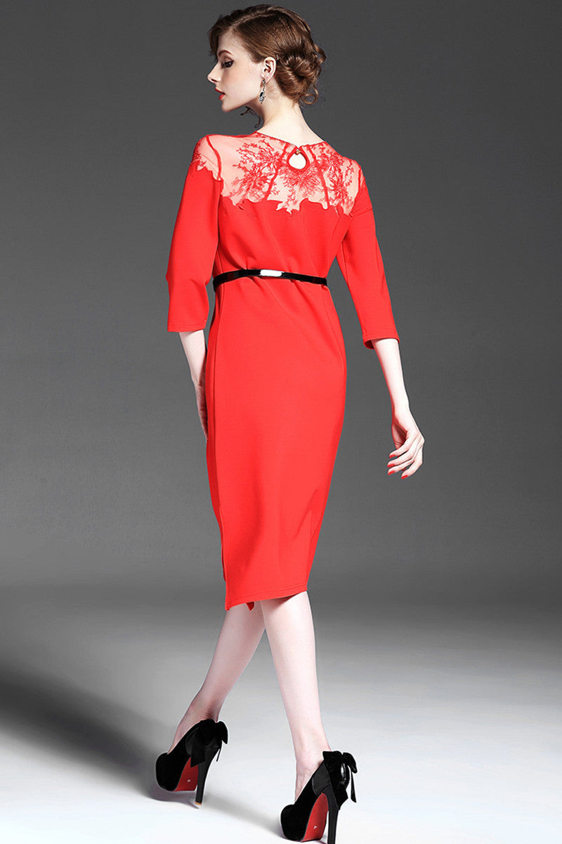 women's elegant 3/4 sleeve wear to work lace neck dress