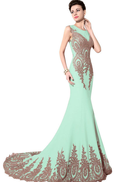 Sequin Beaded Rhinestone Illusion Mesh Mermaid Long Dress