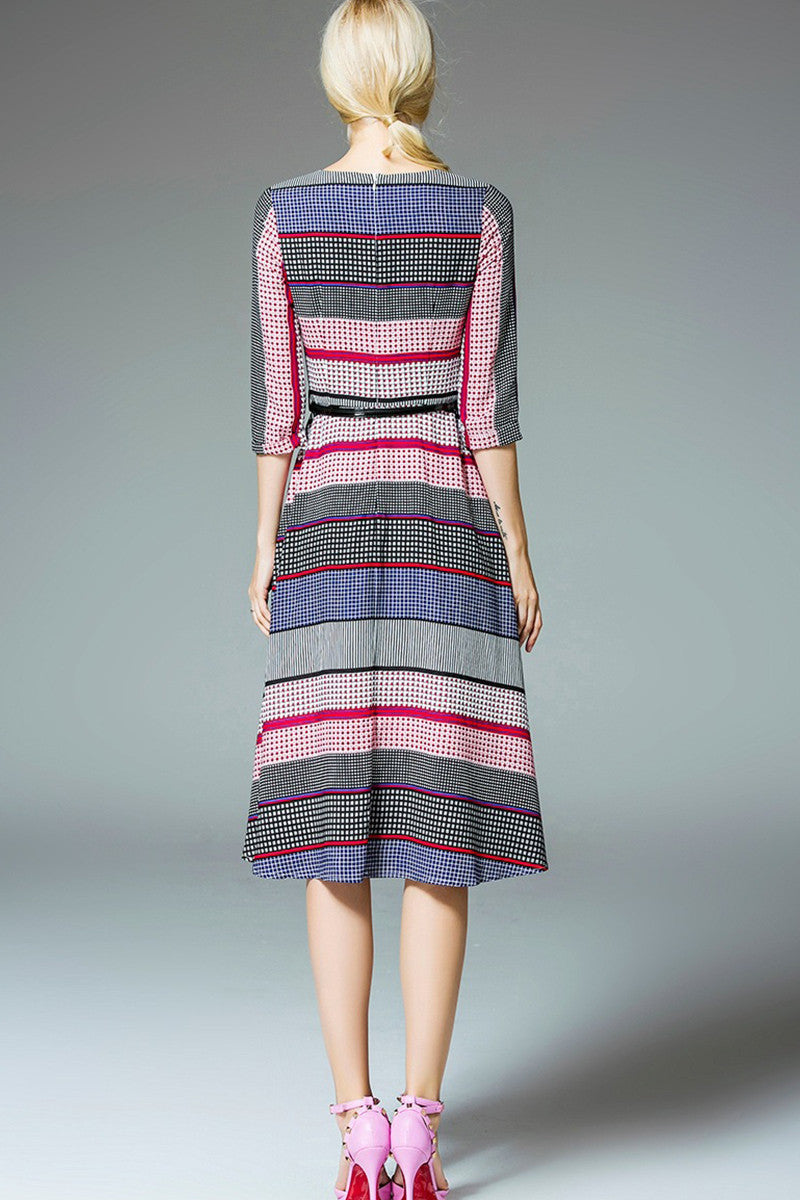 WOMEN'S PLAID ROUND NECK 3/4 SLEEVE VINTAGE MIDI DRESS