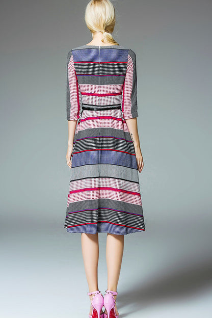 WOMEN'S PLAID ROUND NECK 3/4 SLEEVE VINTAGE MIDI DRESS