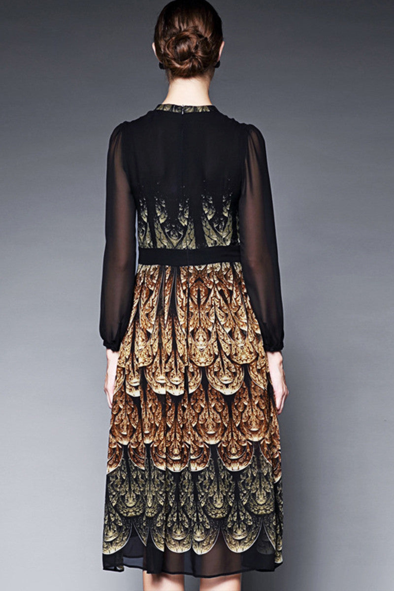 WOMEN'S ELEGANT ROUND NECK DRESS LONG LACE SLEEVE PRINTING DRESS