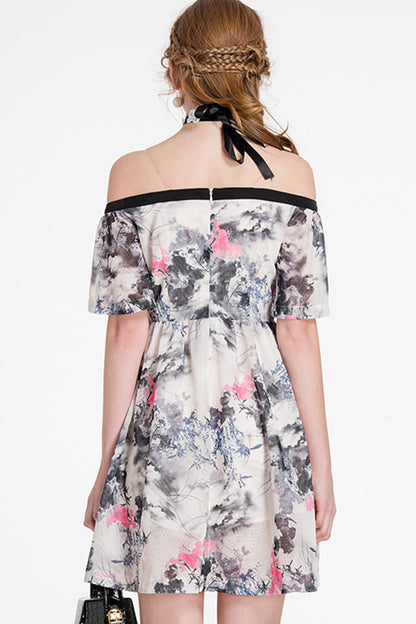 [30% OFF TILL 8 APR] Elegant Strapless Boat Neck Floral Printed Short Sleeve Dress