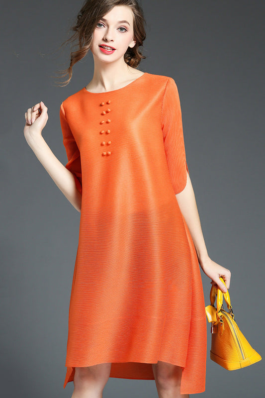 1/2 Sleeve Pleated Hi-Low Shift Dress With Cover Button Decoration