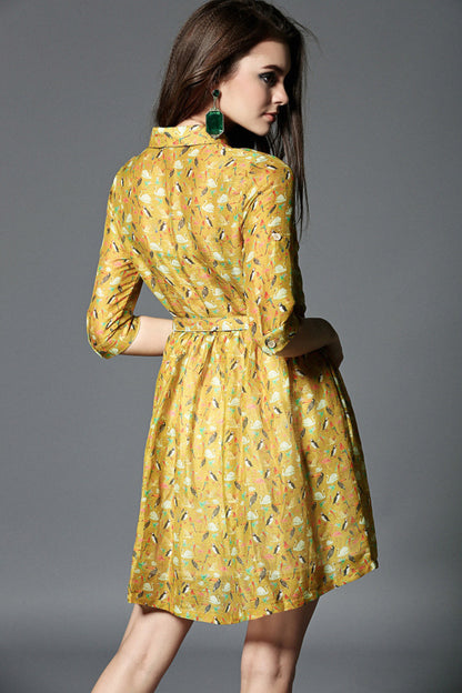 Lapel Neck Birds Print Pleat Dress With Belt
