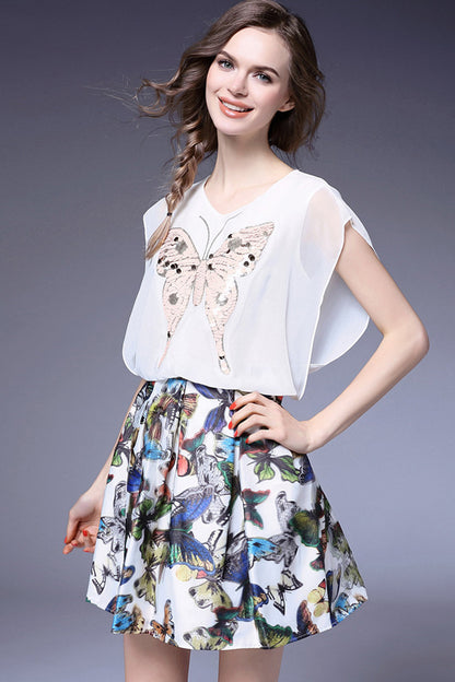 Bat-Wing Sleeve Sequin ButterflyTop With Short Pleated Casual Flare Dress