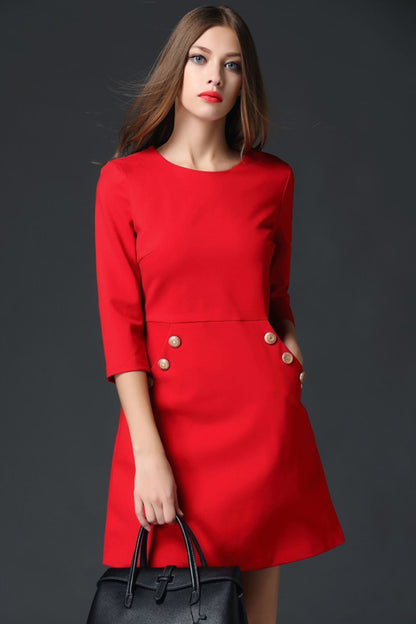 Round Collar Slant Pocket Button Decorated Dress