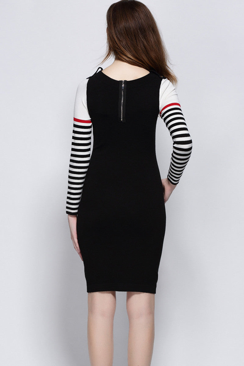 SLIM GRACE LONG SLEEVE ROUND NECK STRIPE SHORT DRESS