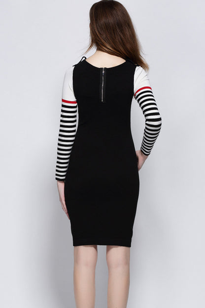 SLIM GRACE LONG SLEEVE ROUND NECK STRIPE SHORT DRESS