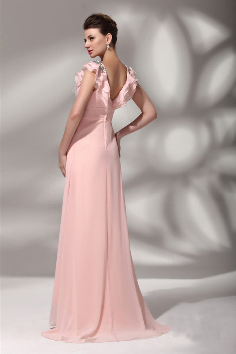 Deep V Neck Bling Beaded  Flare Hem High Waist Gown  Dress