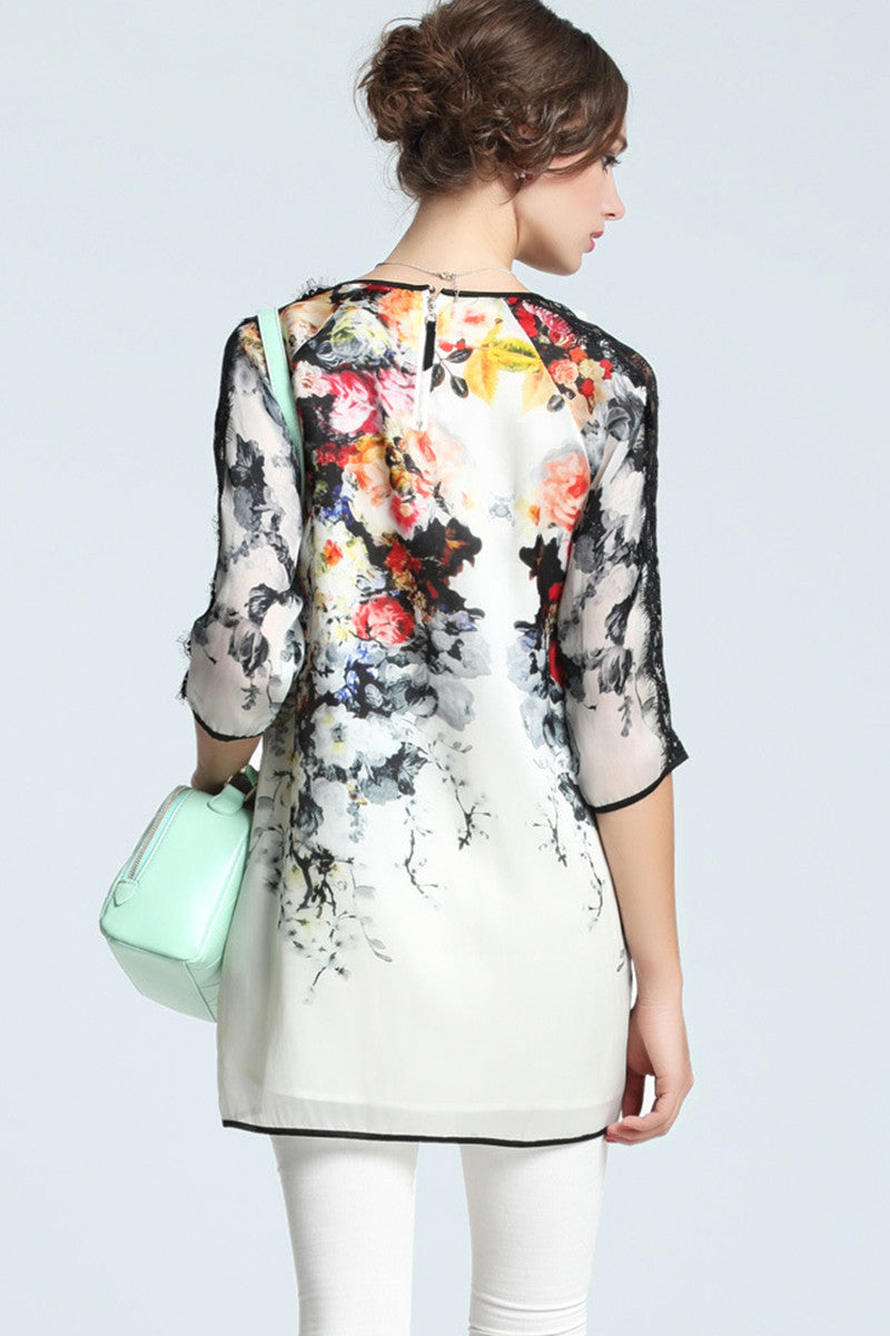 ound Collar Floral Print Lace Patch Blouse