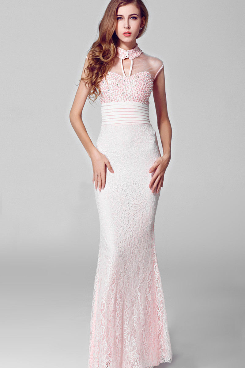 Multi Pearl Lace Back Long Finshtail Maxi Party Dress