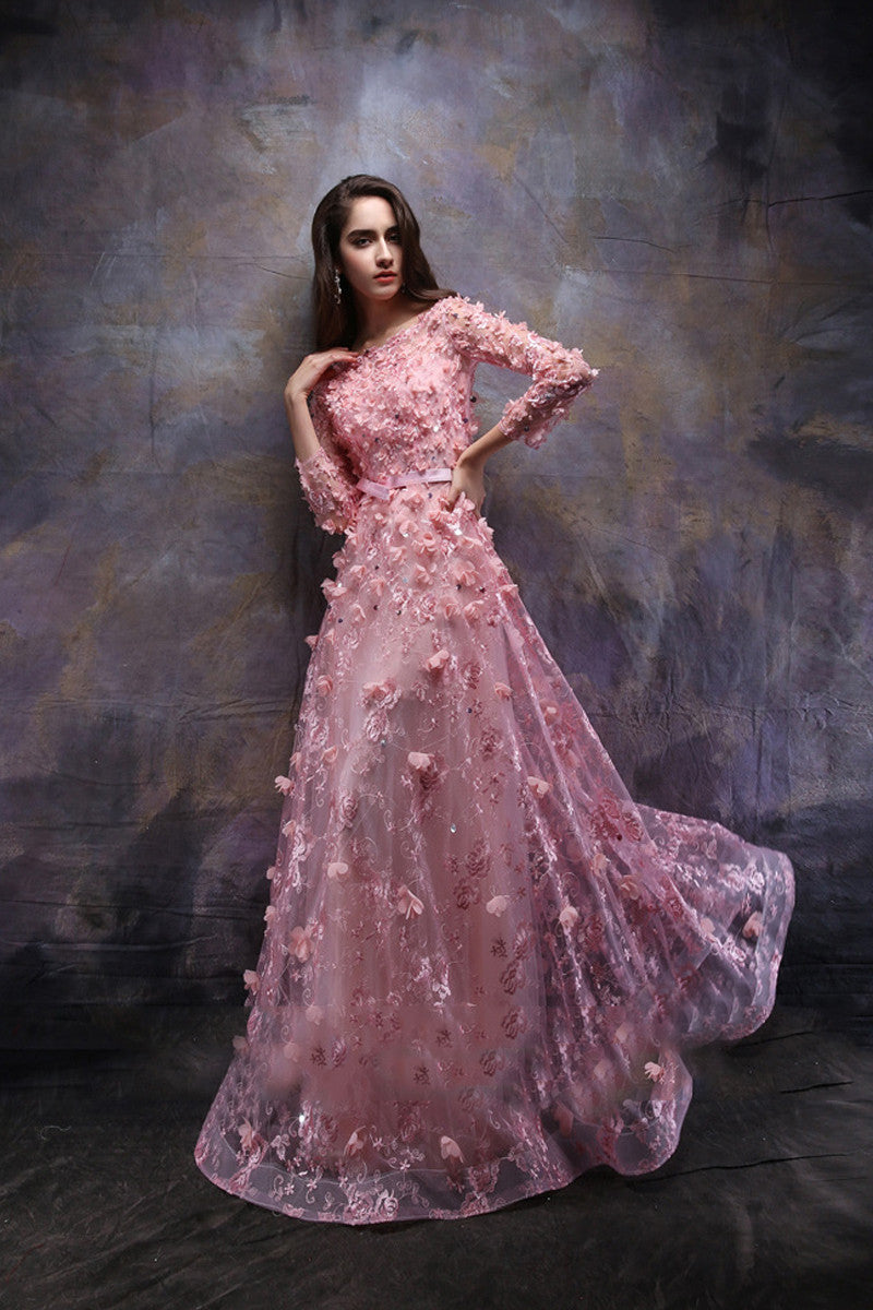 Full Emboridered With Hand Made Floral Trimed Party Dress